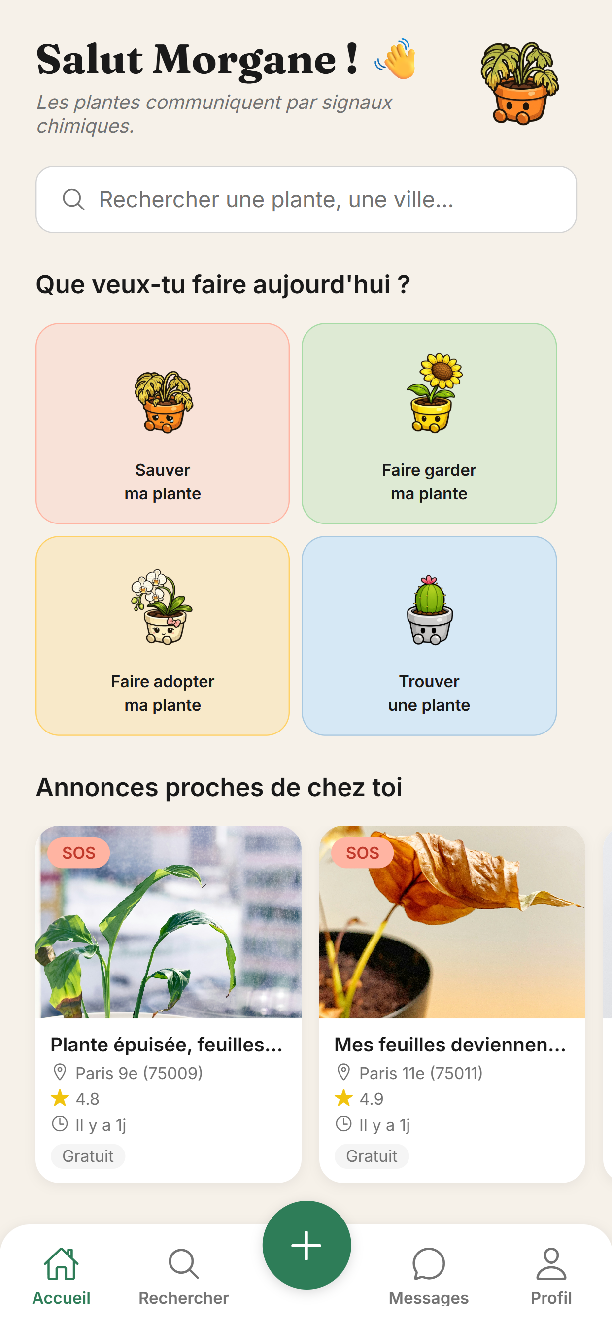 Écran d'accueil de l'application Sauve ma plante